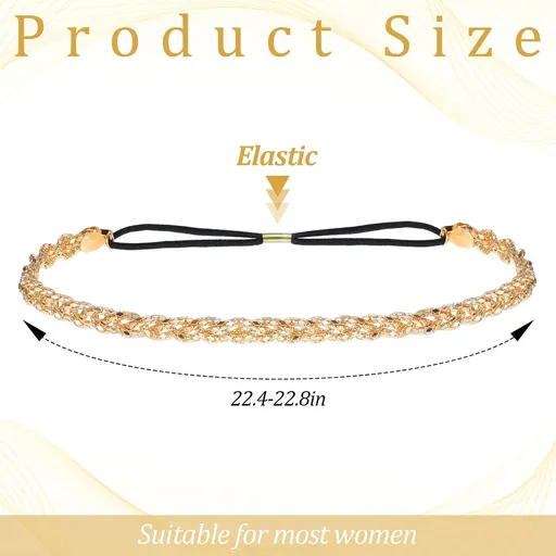 Xindojuz Gold Elastic Rhinestone Headband, 19" Adjustable 70s Headband Sparkly Crystal Disco Braid Headpiece for Women Girls Hair Accessories Singing Dancing Weddings Party Prom(Gold)