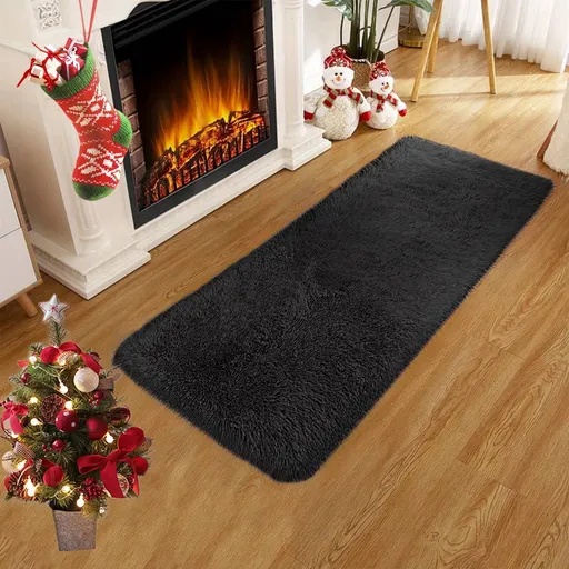 Fluffy Area Rug, Non Slip Shag Plush Runner Mat for Living Room Bedroom Hallway Kids Room and Dorm, Soft Indoor Carpet, Black, 40 x 80 cm