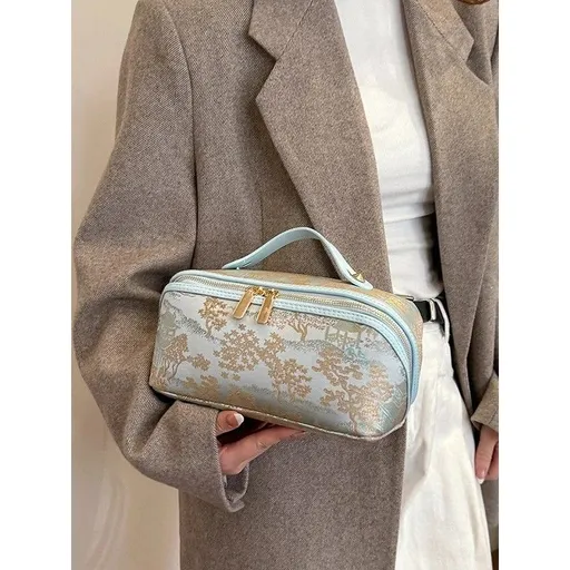 New Vintage-Style Makeup Bag, Portable Large-Capacity Hand-Wash Toiletry Bag, Cosmetic Organizer, Suitable for Travel and Daily Outings.BLUE
