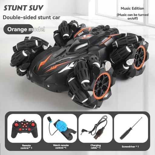 2.4G remote control car, electric stunt car, drifting car, spray function, kids toy car, double-sided stunt car, watch remote control, outdoor RC toy, rechargeable toy car - Black and orange - Size Dual-control