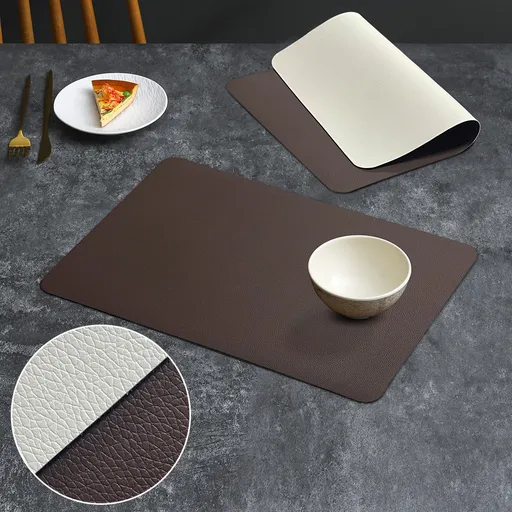 2-PCS Dark brown and ivory white PVC Double-Sided Lychee Texture Table Mat - Waterproof, Heat-Resistant & Easy to Clean for Home and Hotel Use