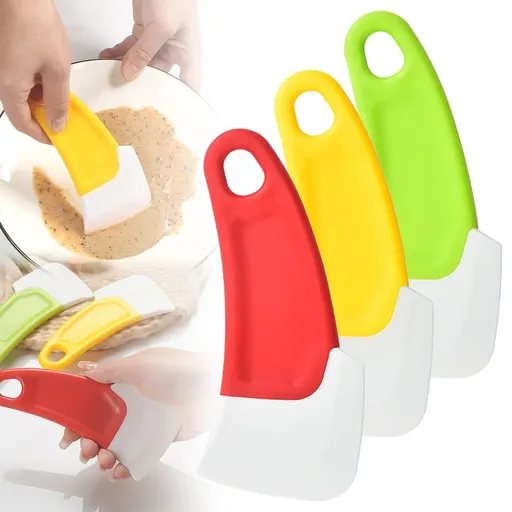 3 Pc Silicone Dish Scraper, Kitchen Cleaning Tool For Pans, Pots & Bowls, Non-Stick Scraping Spatula Design, Practical Utensil for Kitchen Cookware & Bowl Cleaning (Yellow, Green and Red)