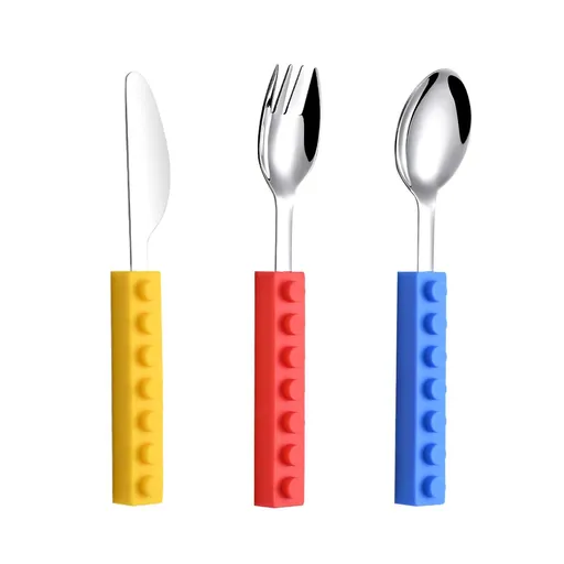 Toddler Utensils and Brick Toys - Set of 3 Interlocking Block Kids Silverware - Toddler Fork and Spoon Set with Toddler Knife