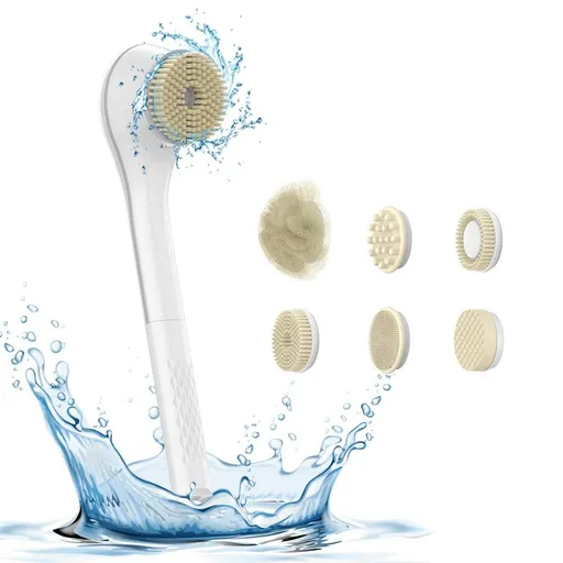 Rechargeable IPX7 Waterproof 3-Gear 6-in-1 Shower Brush with Long Handle for Deep Cleansing