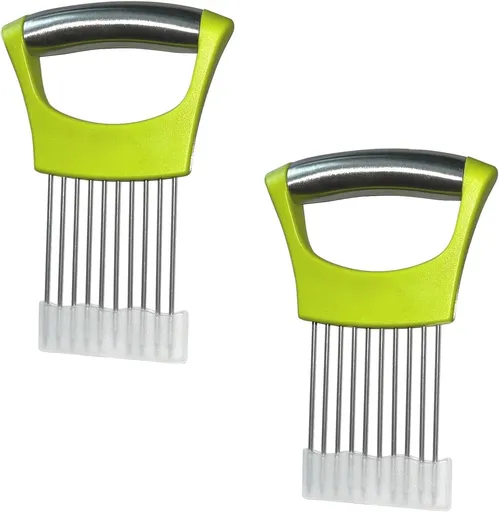 2 PCS Onion Slicer Holder – Stainless Steel Meat Holder, Meat Chopper | Multi-Purpose Kitchen Safety Tool for Fruits, Vegetables & Meat | Easy Clean, Uniform Slices | (Green)