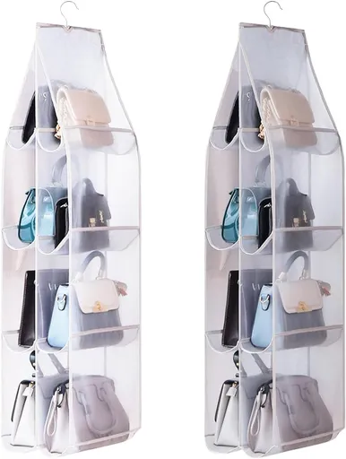 Hanging Handbag Purse Organizer, 2 Pack Transparent Hanging Closet Organizer with 8 Pockets, Washable Dust Proof Nylon Storage Bag for Closet and Wardrobe