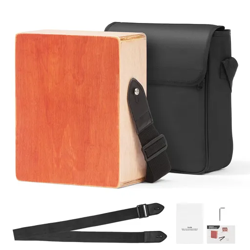 Cajon Box Drum, with Internal Guitar Strings, Lightweight Wooden Percussion Box, Portable Birch Wood Drum with Travel Bag, Adjustable Strap, for Beginners and Professionals, 230 x 100 x 280 mm