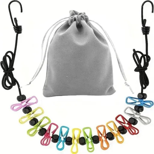 Colorful Portable Windproof Travel Clothesline and Velvet Storage Bag - 1.8M to 4M High Elastic Travel Laundry Line with 12 Clips & 13 Positioning Beads to Prevent Clothes Tangling