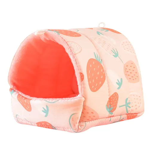 Cartoon Pattern Guinea Pig Cave House Bed, Rabbit Squirrel Chinchilla Hamster Hedgehog Nest Hideout, Small Animals Cage Warm Supplies, Machine Washable L Rose Red Strawberry