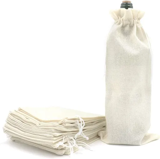 10Pcs Burlap Wine Gift Bags, Drawstring Linen Champagne Wine Bottle Bag Christmas Wedding Birthday Party Favor Wrap Pouches 13.7 x 5.9 Inches (Cream)