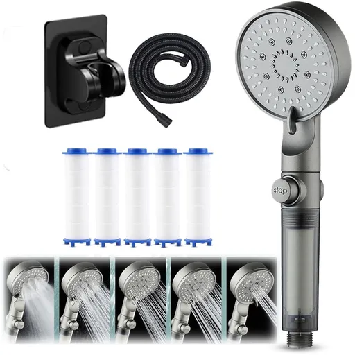 High Pressure 5-Mode Filtered Shower Head - Handheld with Hose & Bracket, Pause Function, Cotton Filter for Hard Water Bathroom