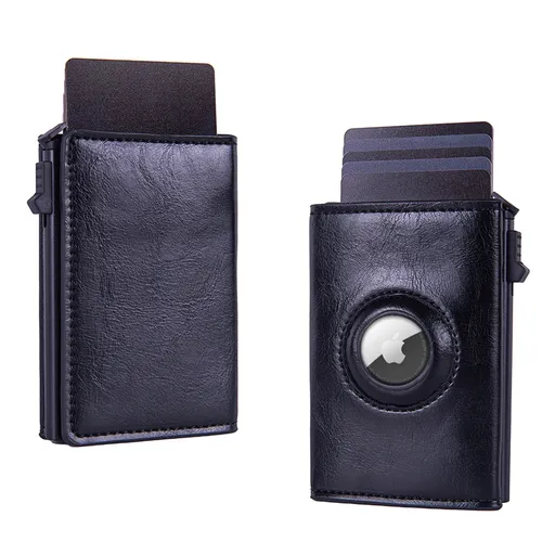 RFID Blocking Pop-Up Card Wallet with AirTag Holder - Crazy Horse Leather Style Aluminium Smart Wallet - Automatic Slider with Cash Slot - Vintage Black (AirTag Not Included)