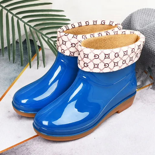 Womens Rain Boots Fashion Antiskid Short Rain Boot Round Head Radian PVC Plastic Rain Boots Blue Padded 36