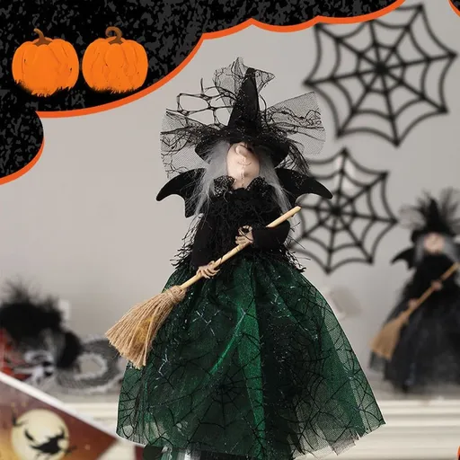 Halloween Witch Tree Topper, Witches with Hat Spider Web Dresses Tree Toppers, Broom Witch Christmas Decorations, Ideal for Trees Tabletop Ornament, Holiday Party Home Decor Indoor, Green