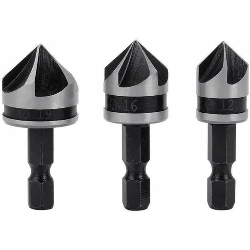 3 pcs 1/4" Hex Hcs Countersink Bit 5 Flute Countersink Drill Bits Countersink Bit 12Mm/16Mm/19Mm For Wood Metal