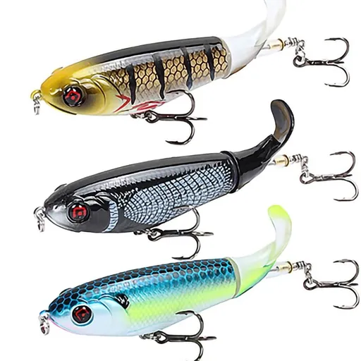 3PCS Topwater Fishing Lure Artificial Hard Bait 3D Eyes Plopper With Soft Rotating Tail Fishing Tackle