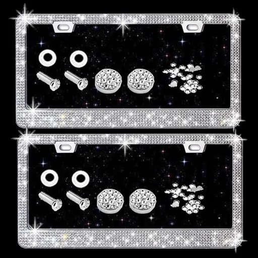 Bling License Plate Frame for Women, 4Pack Rhinestone Handcrafted Crystal Premium Stainless Steel, Stainless Steel Car Accessories with Diamond Sparkle Glitter Caps (White+black)