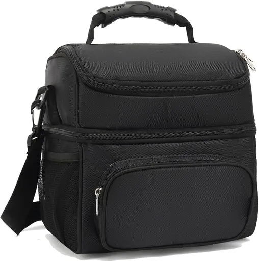 Insulated Lunch Bag Adult Lunch Box Large Tote Double Layer Cooler for Men, Women, with Adjustable Strap,Front Pocket and Mesh Side Pockets,Black