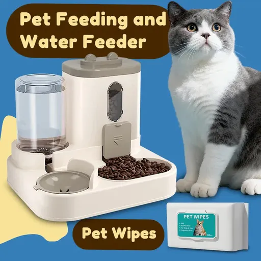 2-in-1 Automatic Pet Feeder Water Dispenser, Large Capacity Cat Dog Food Bowl with Auto Refill, Anti-clog Dry Wet Separation Pet Feeding Station + Free Pet Wipes