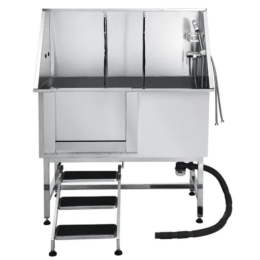 Stainless Steel Dog Washing Station, 127 cm Pet Grooming Tub w/ Stairs, PE Water Filter Board, Faucet & Showerhead & Soap Holder Dog Bathtub for Large & Medium & Small Pets (Left Door)