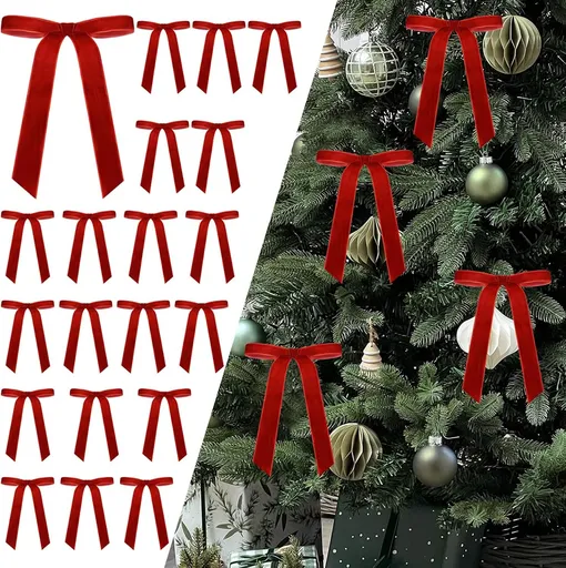 24Pcs Christmas Velvet Bows for Tree, Vintage Ribbon Bows Ornaments for Garland Wreath Gift Wrapping Treat Bag Bakery Candy Bags DIY Crafts Holiday Decor (Red, 5" x 7", Width of 1")