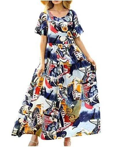 Women Floral Long Dress Short Sleeve Polyester Picture Color 9 M Size: M; Height (cm): 160-165; Weight (kg): 50-55; Bust (cm): 86-90; Waist (cm): 70-74; Shoulder width (cm): 38; Length (cm): 60