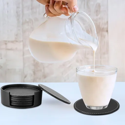 Coaster set Set of 6 Leather Drink Coasters Round Cup Mat Pad for Home and Kitchen Use （Black Circle- 10cm）