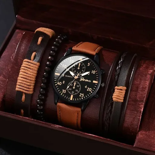 men's bracelet watch set, single calendar watch, fake three eye watch, canvas quartz watch, PU bracelet, men's fashion accessory, gift for men, Australian men's watch - Black - Size 12