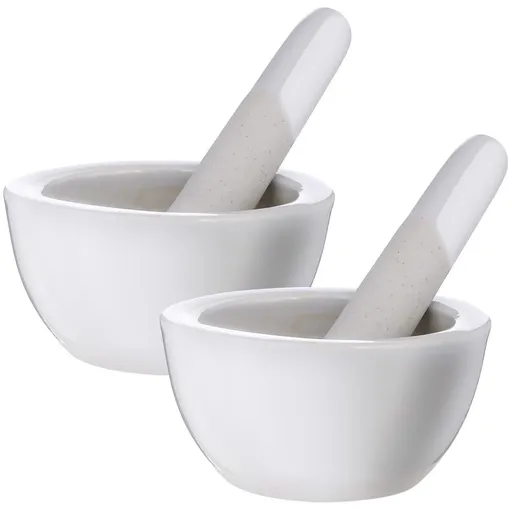 2 Sets Ceramic Pill Grinding Bowl and pestle Set with Stick, White Round Handmade Piece, Smooth Edges and Fine Workmanship, for Grinding Spices and Pills