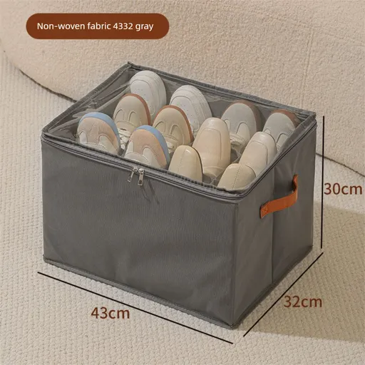 Foldable Shoe Storage Box 12 Compartments Breathable Non-Woven Fabric Wardrobe Organiser with Clear Lid Lightweight Shoe Container Grey 43cm
