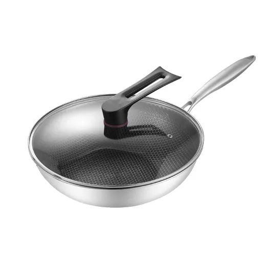 Stainless Steel Wok Pan Double Sided Honeycomb 3 Layer Prevent Sticking Easy Cleaning Wok for Kitchen 32cm/12.6in (with Lid and No Ears)