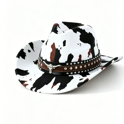 White Cow Print Western Cowboy Hat - Retro Cattle Head Studded Band, 57cm Head Fit, Wide Brim Country Style Hat for Parties, Festivals and Outdoor Wear