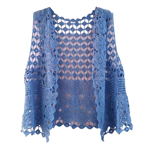 Women Vest Women's Sleeveless Knitted Hollow Vest Retro Crochet Cardigan for Summer Spring Autumn Sleeveless Cardigan One Size Blue