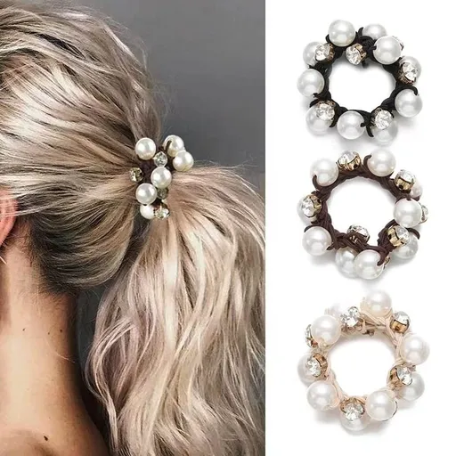 Pearl Hair Tie, 3PCS Elastic Pearl Scrunchies, Crystal Hair Scrunchies Pearl Ropes Hair Accessories Ponytail Holder for Women and Girls