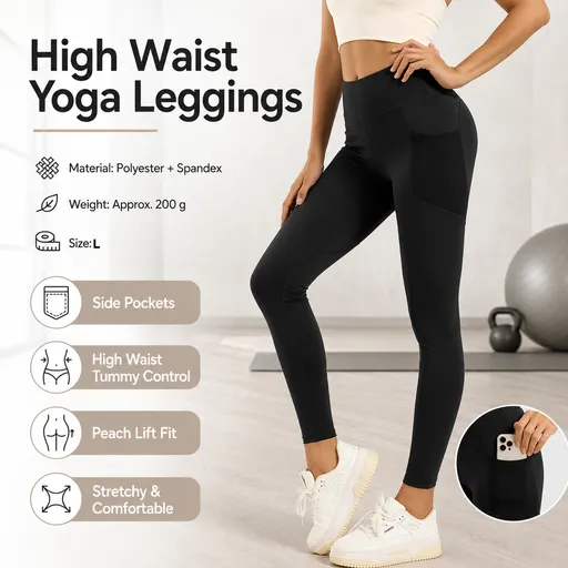 Black L Size Women's High Waist Yoga Leggings with Mesh Side Pockets - Squat Proof, Peach Hip Lift, Breathable Stretch Fabric for Gym Running 、Pilates Wea and Daily Wear