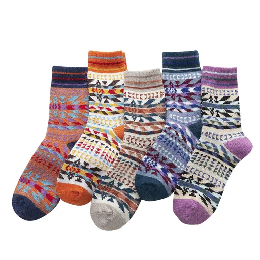 5 Pairs Womens Wool Socks, Warm Thick Ankle High Winter Boot Socks with Cozy Knit Design for Daily Wear, Multicolor, Style 2