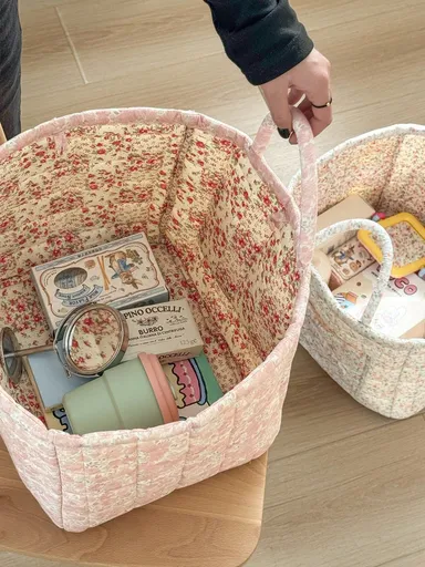 1Pc Floral Print Quilted Storage Basket Laundry Basket Large Capacity Portable Storage Bag Foldable Snack Basket With Handle For Cosmetic Storage Basket Toy(Pink)