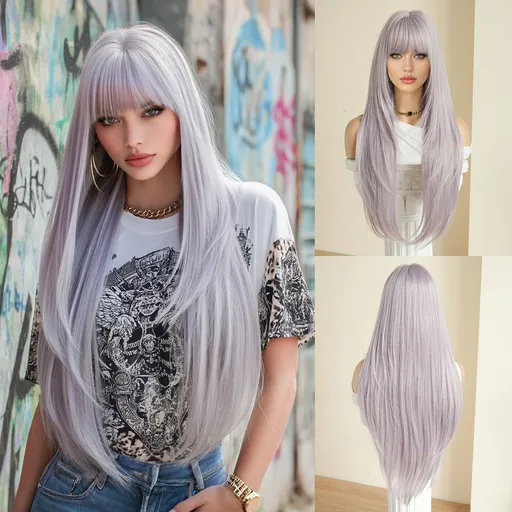 High-Density Synthetic Wig Heat-Resistant Wig Tea-Colored Wig Long Straight Wig - Taro - paste gray - purple - Size 85cm-33inch