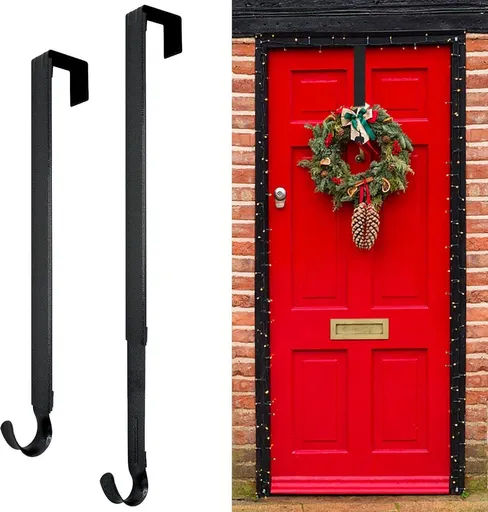 2-Piece Adjustable Black Wreath Hanger Set, Ultra-Thin Over-Door Hooks, 35-65 cm