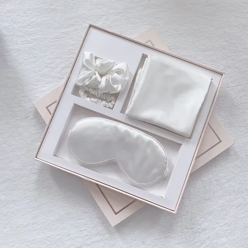 Luxury Satin Sleep Mask Gift Set,4-Piece with Pillowcase and Hair Accessories(White)