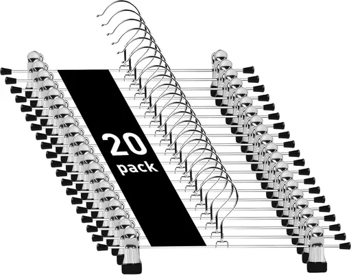 Clothes Hangers - 20 Pieces - Trouser Hangers - Trouser Hangers with Clips - Garment Hangers - Skirt Hangers - Non-Slip Hanger with Clips - Clothes Rack/Coat Rack/Jacket/Trouser Hanger - Space-Saving - Adjustable Clip Hangers - For Trousers Skirts So