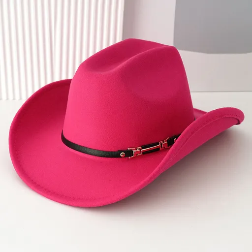 Western Cowboy Hat - Rose red Wide Brim Cowboy Hat with Leather-Look Band, Metal Rivet and Square Buckle Detail for Casual, Festival and Western Style