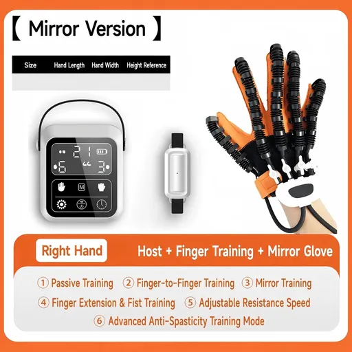 Upgraded Rehabilitation Training Glove, Mirror Training with Independent Single Finger Control, 9-Level Adjustable Force, Wireless Portable with Smart Memory – A Great Helper for Hand Function Recovery./Right hand XXL code (glove+host+mirror)