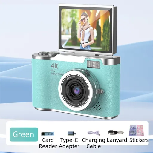 Green 4K Compact Digital CCD Camera for Vlogging & Students - Portable Point and Shoot with 2.4-inch Rotating Screen, 8X Optical Zoom, and Anti-Shake