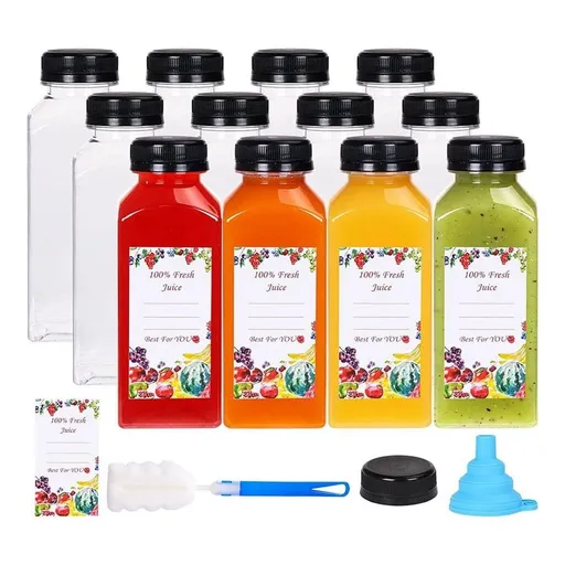 12Pcs 12oz Plastic Juice Bottles with Tamper Evident Caps
