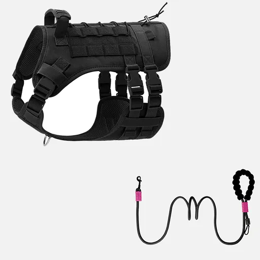 Tactical Dog Harness and Leash Set - L size Black Oxford No Pull Vest and Black 1.85m Hands Free Nylon Lead - Adjustable Walking Gear for Medium Dogs