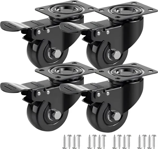 Heavy-Duty Swivel Casters with Brakes - Set of 4 - 50 mm up to 200 kg - With Screws - Swivel Casters - Rubber Trolley Wheels - Cart Wheels - Transport Cart - Casters for Furniture - Flexible - Durable - Black