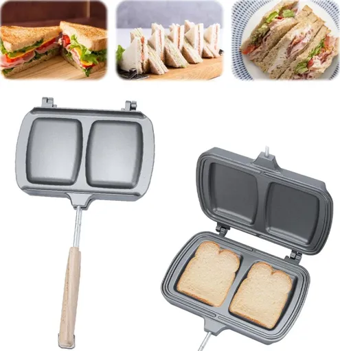 Reversible Sandwich Maker - Double-Sided Frying Pan - Contact Grill - Non-Stick Gas Toaster - Sandwich Plate - With Handle - Omelet Sandwich Maker - Grey