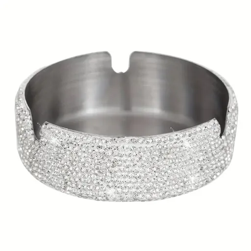 Ashtray,Stainless Steel Ashtray with Lid Bling Crystal Diamonds,Cigarette Ashtray for Indoor or Outdoor Use,Ash Holder for Smokers,Desktop Smoking Ash Tray for Home Office,Circular - Silver