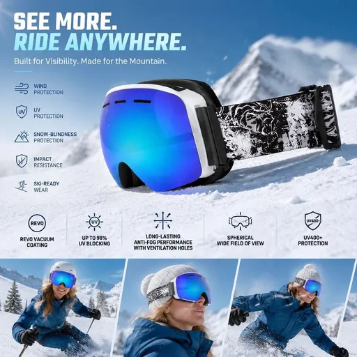 Sentimental Spherical Ski Goggles UV400, White Frame, Blue Lens + Striped Black White Strap